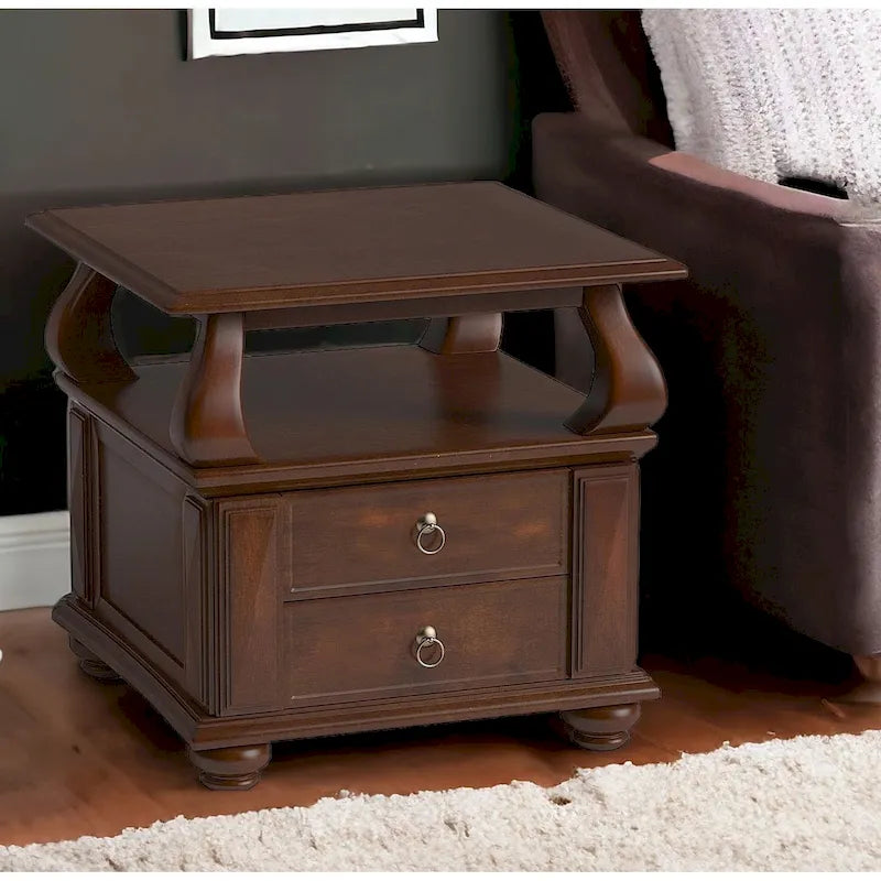 26 Brown Solid Wood Square End Table With Two Drawers And Shelf - 26' X '26' X '28