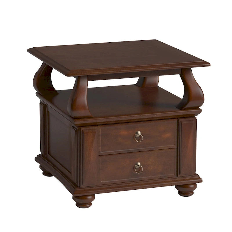 26 Brown Solid Wood Square End Table With Two Drawers And Shelf - 26' X '26' X '28