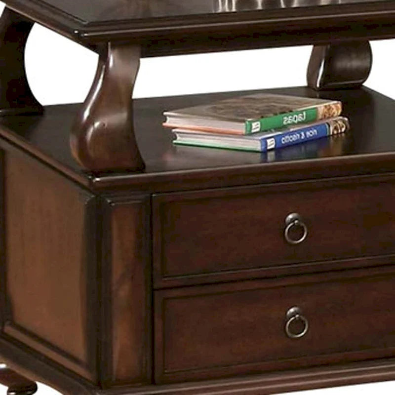26 Brown Solid Wood Square End Table With Two Drawers And Shelf - 26' X '26' X '28