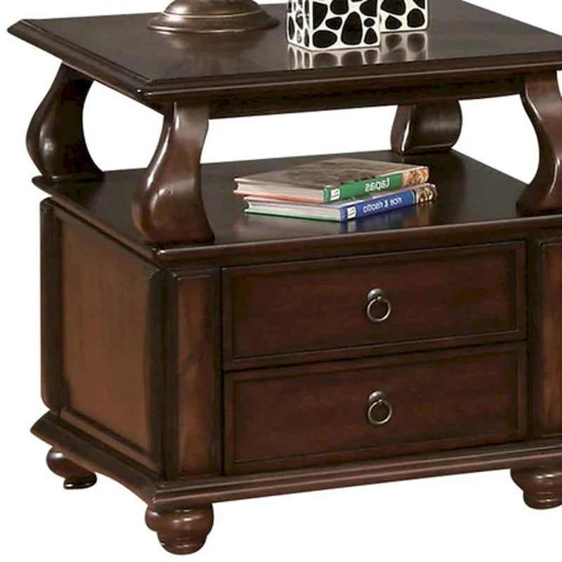 26 Brown Solid Wood Square End Table With Two Drawers And Shelf - 26' X '26' X '28