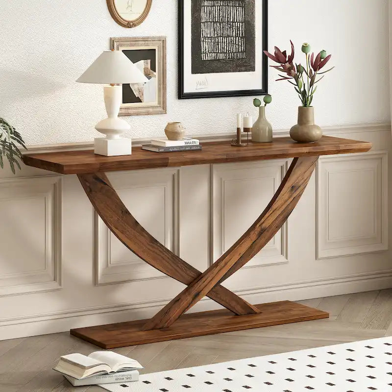 Modern Rustic Console Table with Cross-Leg Design for Living Room and Bedroom