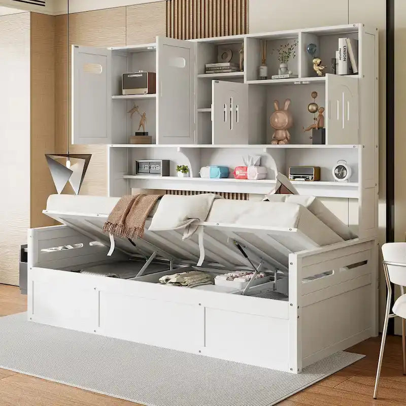 Twin Daybed with Hydraulic Lift, 3 Storage Spaces & Built-in Shelves and Cabinets