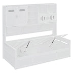 Twin Daybed with Hydraulic Lift, 3 Storage Spaces & Built-in Shelves and Cabinets