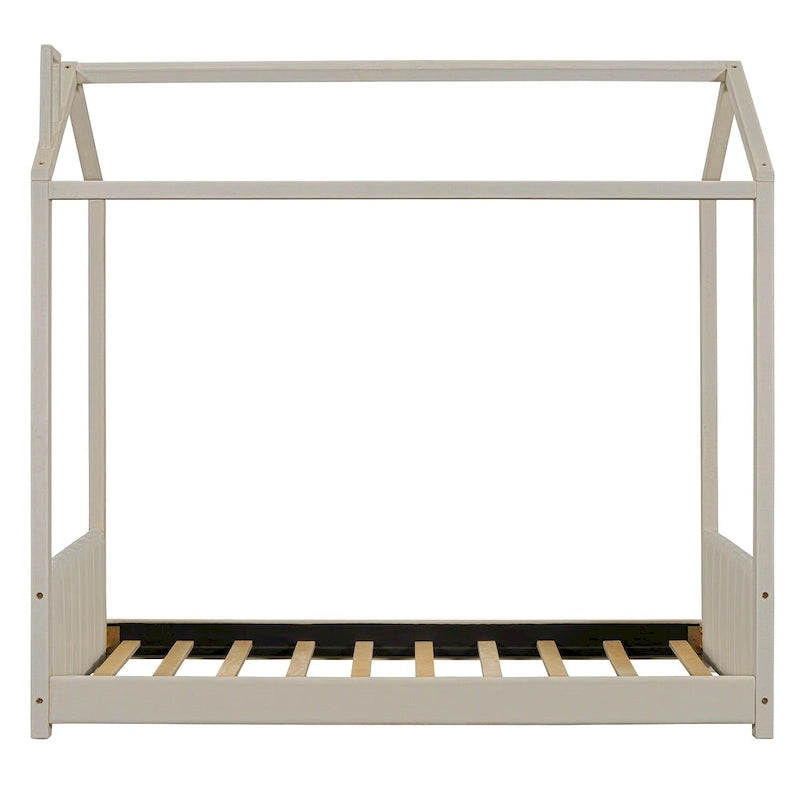 Twin Size Modern Canopy Bed with Striped Headboard & Roof Design