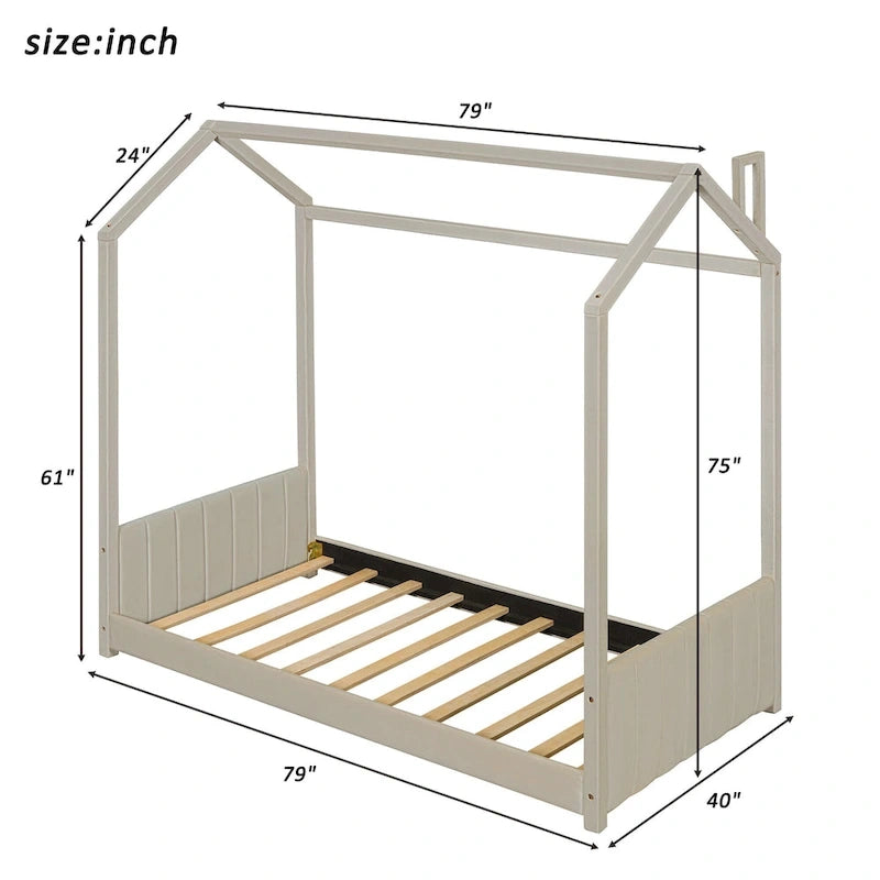 Twin Size Modern Canopy Bed with Striped Headboard & Roof Design