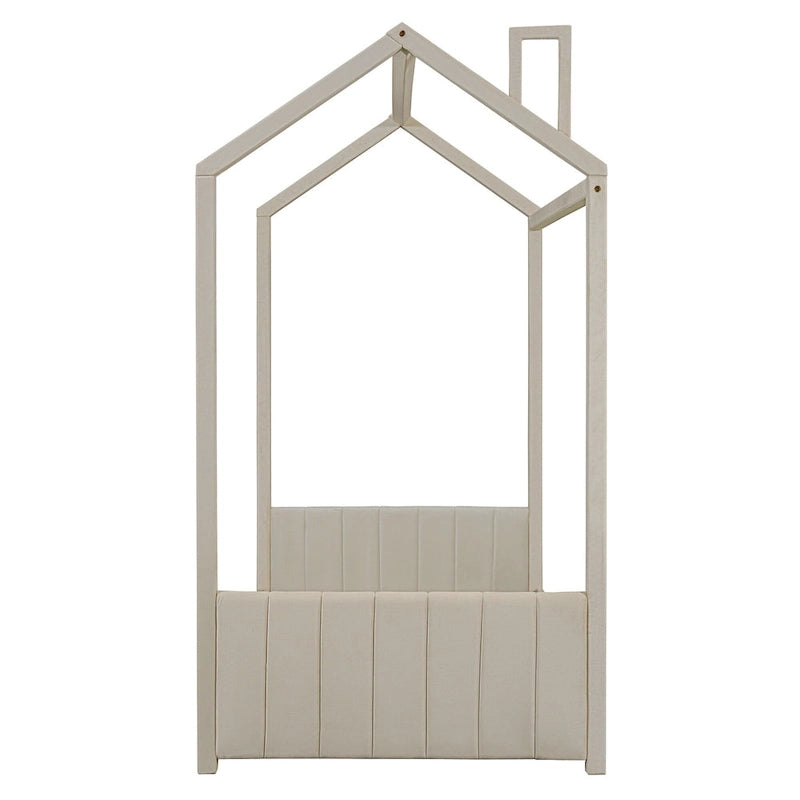 Twin Size Modern Canopy Bed with Striped Headboard & Roof Design