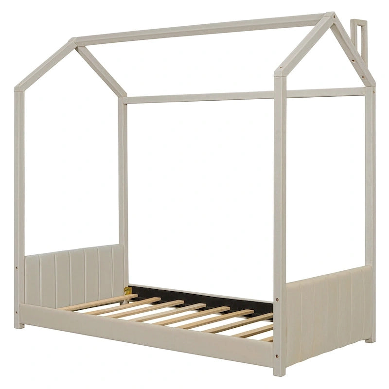 Twin Size Modern Canopy Bed with Striped Headboard & Roof Design