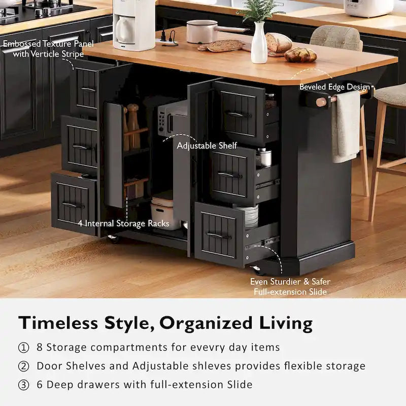 56 Kitchen Island With Drop Leaf, Rolling Kitchen Cart On Wheels, Rolling Kitchen Table with Drawers