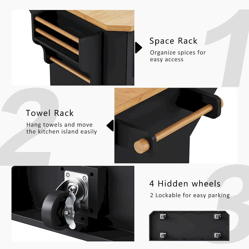 56 Kitchen Island With Drop Leaf, Rolling Kitchen Cart On Wheels, Rolling Kitchen Table with Drawers