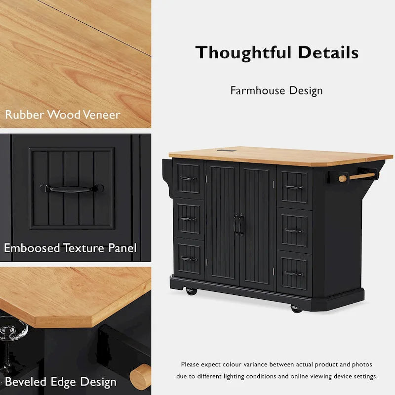 56 Kitchen Island With Drop Leaf, Rolling Kitchen Cart On Wheels, Rolling Kitchen Table with Drawers