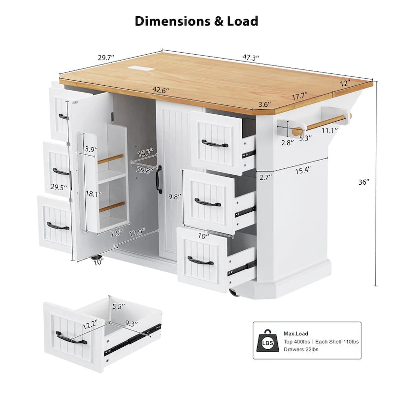 56 Kitchen Island With Drop Leaf, Rolling Kitchen Cart On Wheels, Rolling Kitchen Table with Drawers