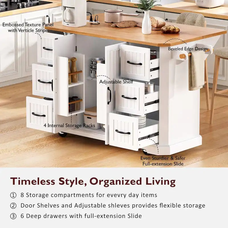 56 Kitchen Island With Drop Leaf, Rolling Kitchen Cart On Wheels, Rolling Kitchen Table with Drawers