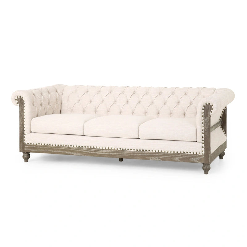 Button-down tufted three-seater sofa with wooden sofa legs