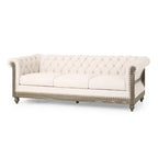 Button-down tufted three-seater sofa with wooden sofa legs