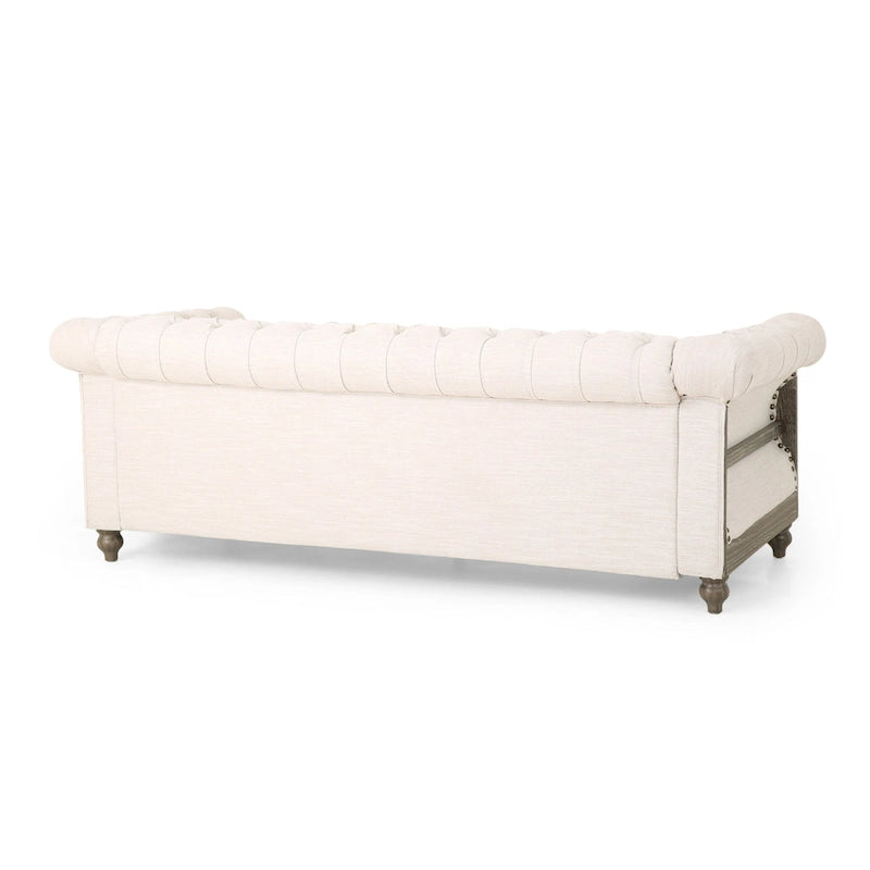 Button-down tufted three-seater sofa with wooden sofa legs