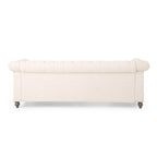 Button-down tufted three-seater sofa with wooden sofa legs