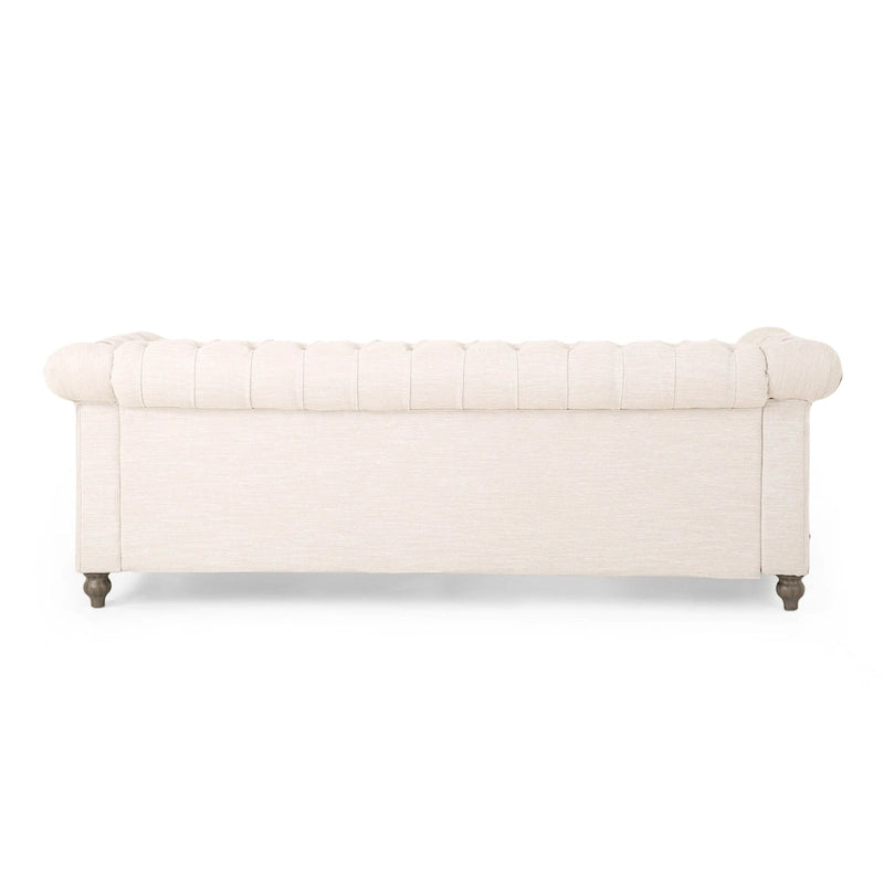Button-down tufted three-seater sofa with wooden sofa legs