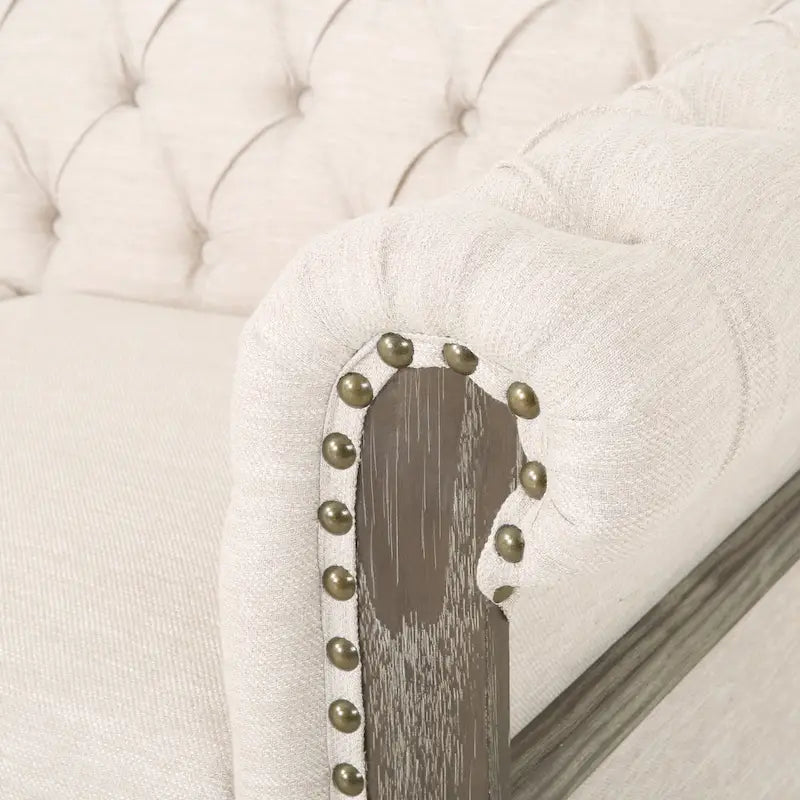 Button-down tufted three-seater sofa with wooden sofa legs