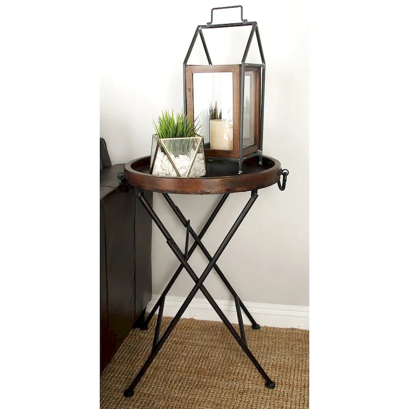 Metal Accent Table with Brown Wood Top - Black - 20W x 20L x 28H