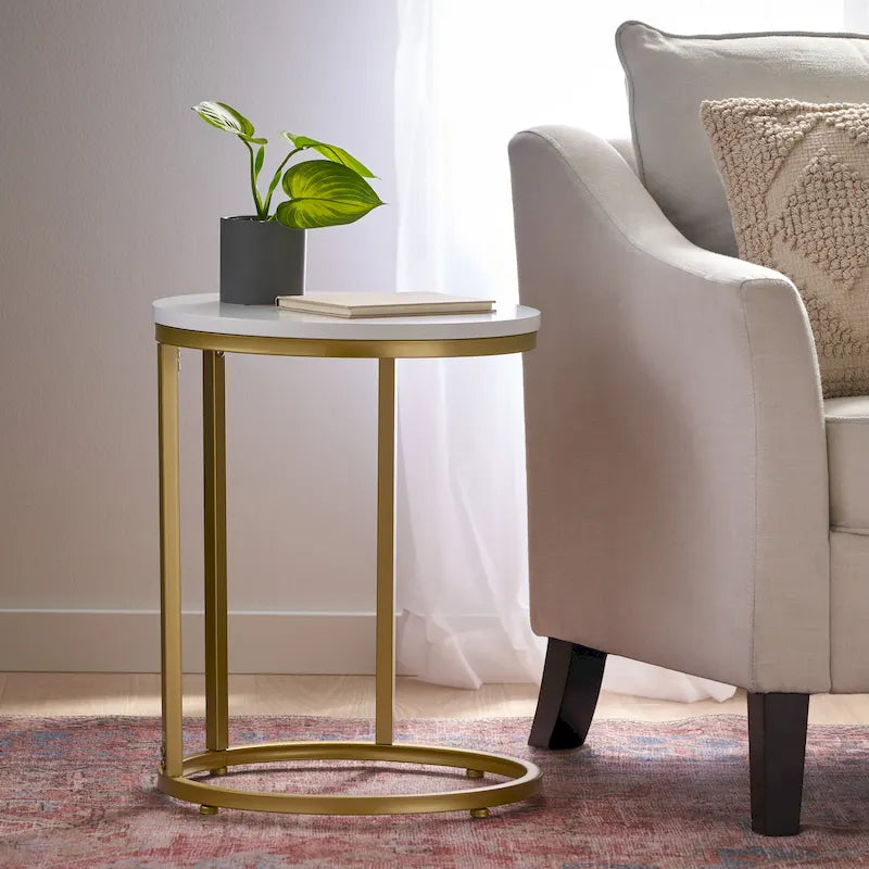 Indoor Iron and Faux Wood C Shaped End Table by