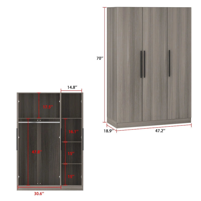 Large Wardrobe Armoire Wooden Closet with 3 Doors for Bedroom Hanging