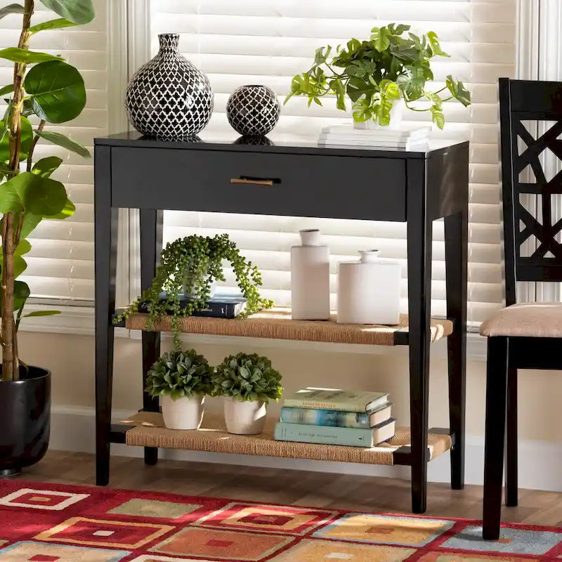 Modern Bohemian Wood 1-Drawer Console Table-Black