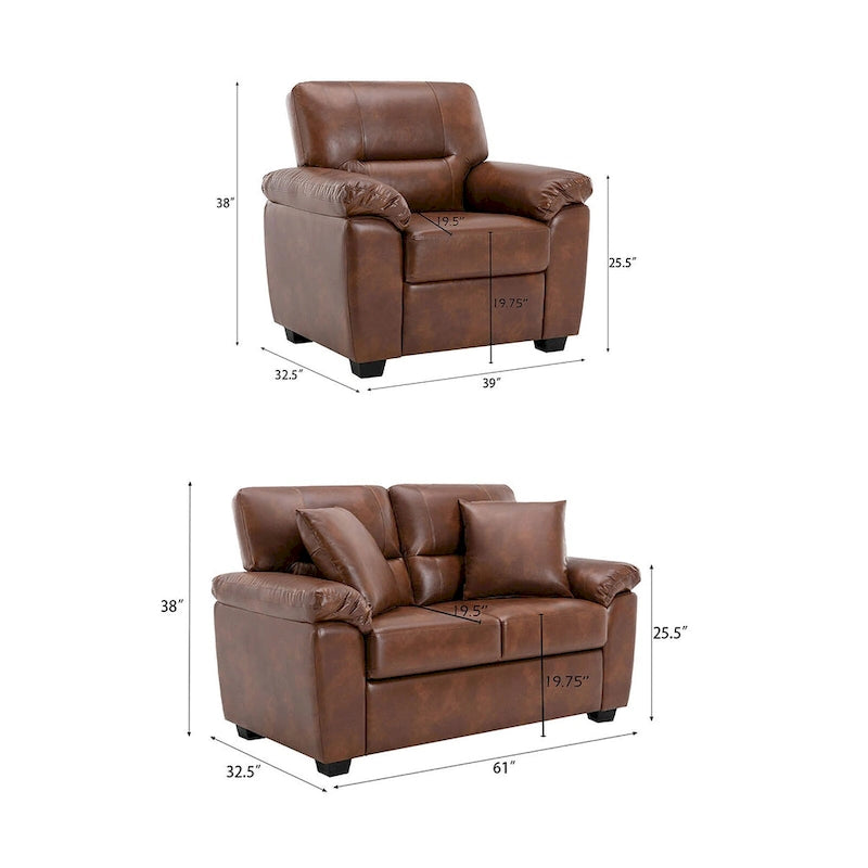 Upholstered Living Room Set, 2 Pieces - Faux Leather chair, Loveseat