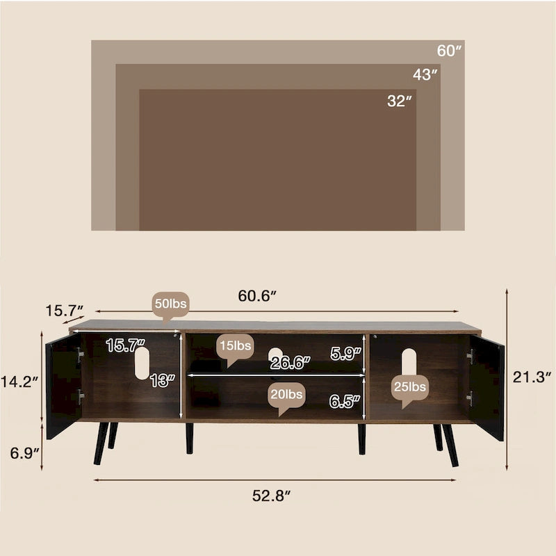 Mid-Century Modern TV Stand for 60 TV with Storage and Open Shelf