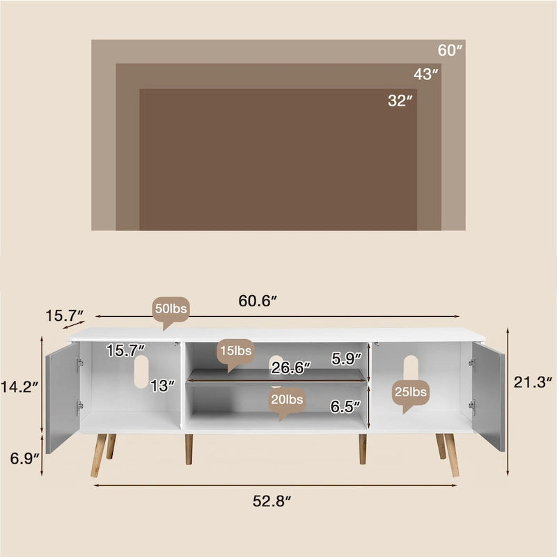 Mid-Century Modern TV Stand for 60 TV with Storage and Open Shelf