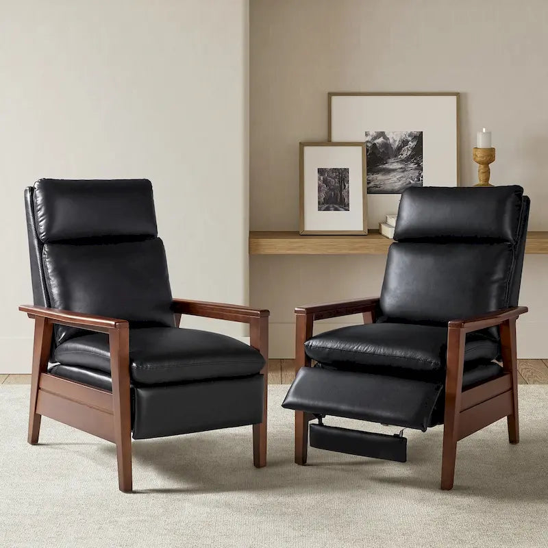 Mid-century Vegan Leather Solid Wood Recliner Set of 2 by