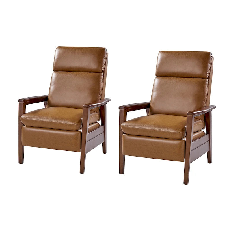 Mid-century Vegan Leather Solid Wood Recliner Set of 2 by