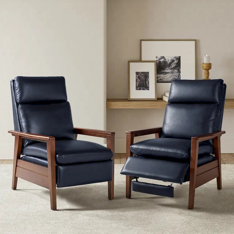 Mid-century Vegan Leather Solid Wood Recliner Set of 2 by