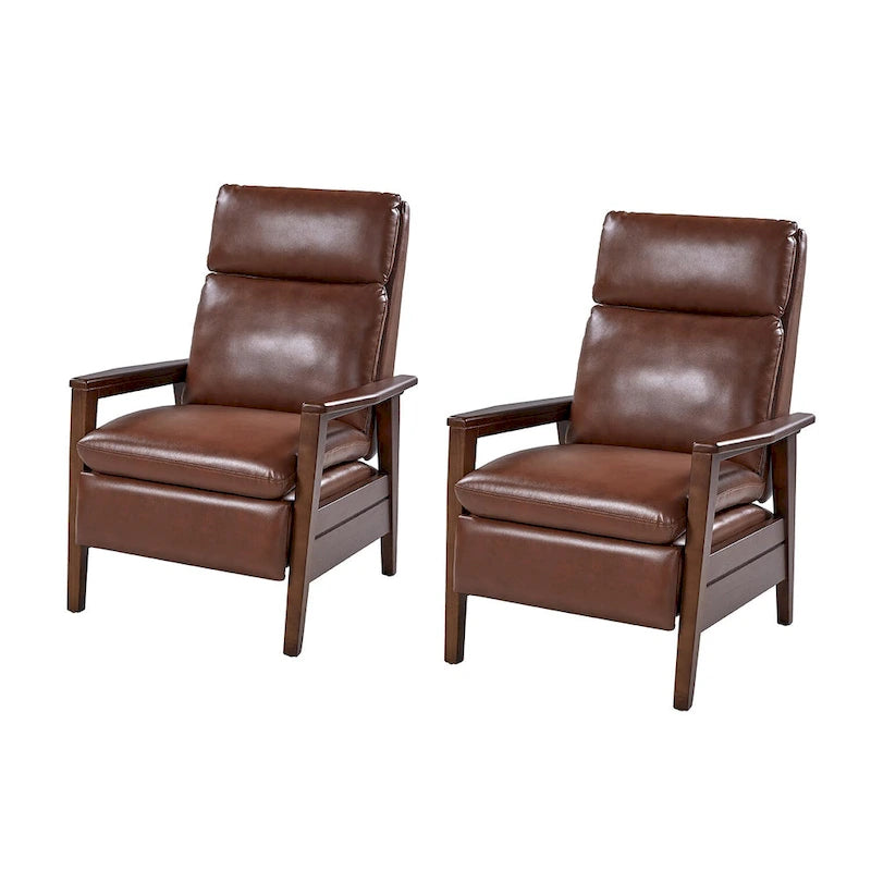 Mid-century Vegan Leather Solid Wood Recliner Set of 2 by