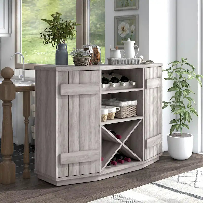 Farmhouse Plank-Style 28-Bottle 47-Inch Wine Cabinet Buffet by
