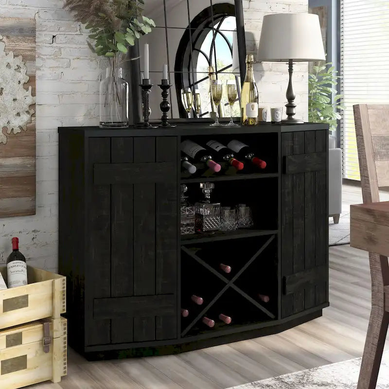 Farmhouse Plank-Style 28-Bottle 47-Inch Wine Cabinet Buffet by