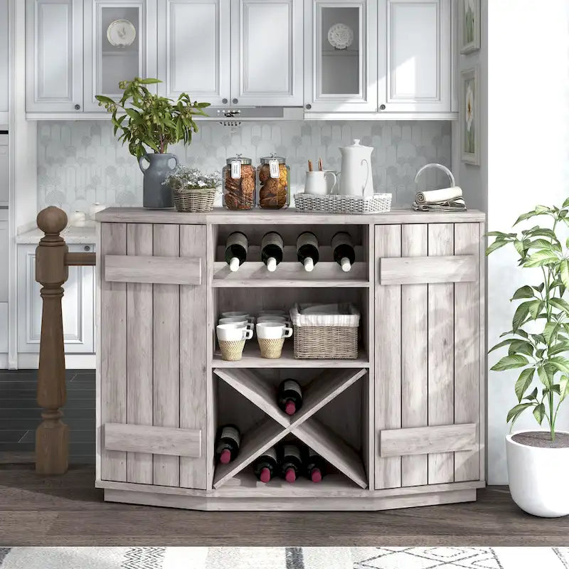 Farmhouse Plank-Style 28-Bottle 47-Inch Wine Cabinet Buffet by