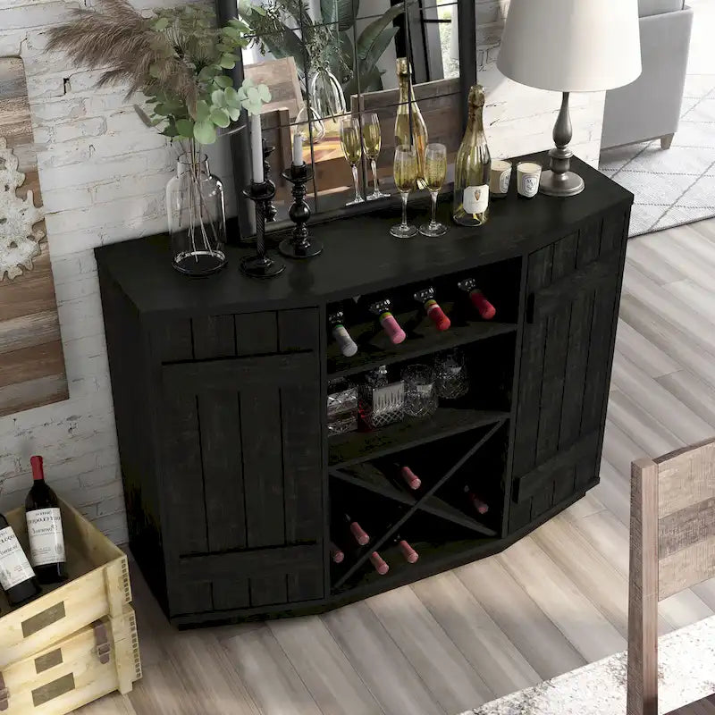 Farmhouse Plank-Style 28-Bottle 47-Inch Wine Cabinet Buffet by