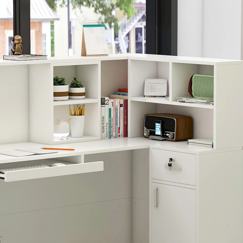 Reception Desk L-Shaped Counter Shelves Drawers Reception Table