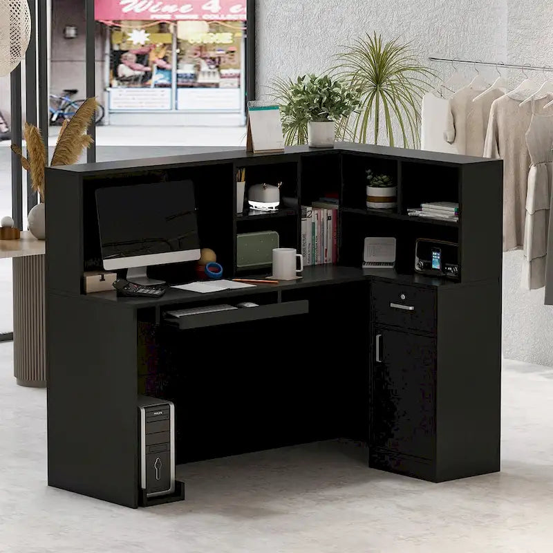 Reception Desk L-Shaped Counter Shelves Drawers Reception Table