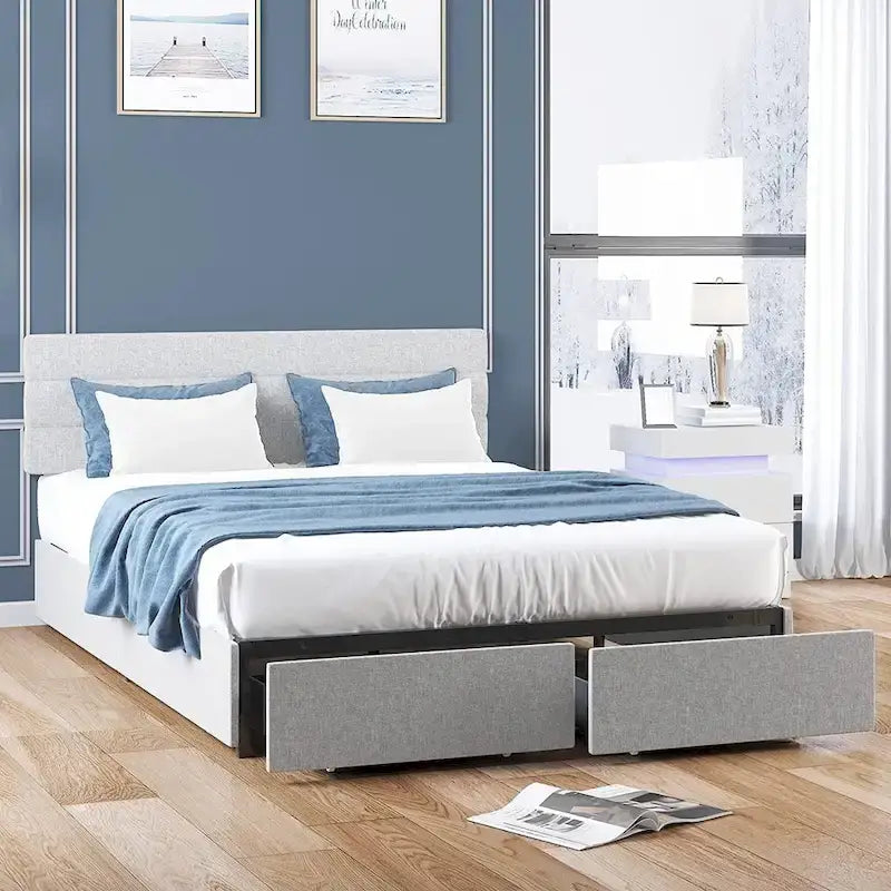Full/Queen/King Size Bed Frame, No Box Spring Needed Bed Frame with Headboard, Upholstered Platform Bed Frame for Bedroom