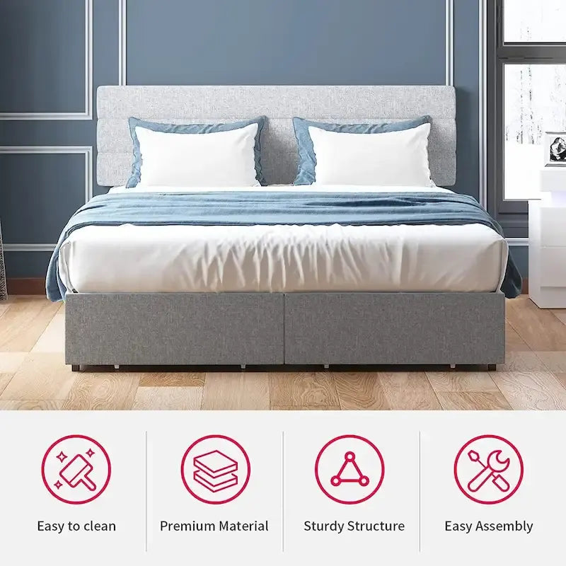 Full/Queen/King Size Bed Frame, No Box Spring Needed Bed Frame with Headboard, Upholstered Platform Bed Frame for Bedroom