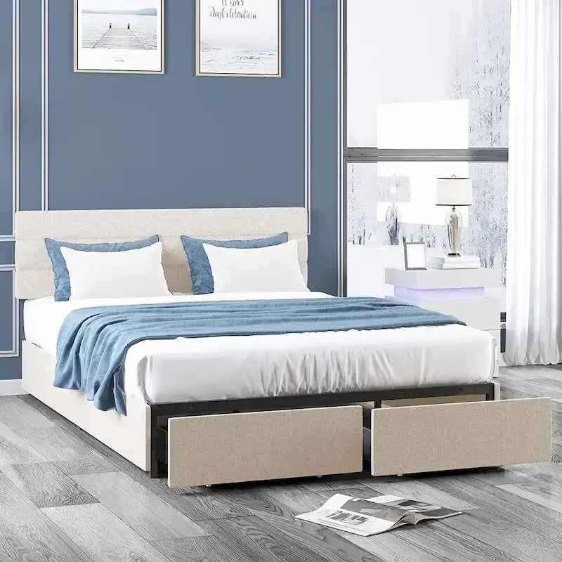 Full/Queen/King Size Bed Frame, No Box Spring Needed Bed Frame with Headboard, Upholstered Platform Bed Frame for Bedroom