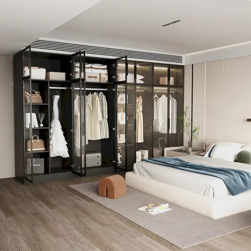 59.1W Glass Door Wardrobe: Illuminated Interiors Closet Large
