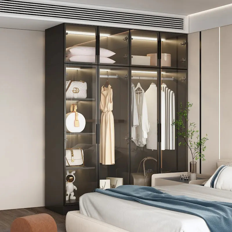 59.1W Glass Door Wardrobe: Illuminated Interiors Closet Large