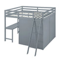 Full Size Loft Bed with Wardrobe and Desk and Shelves, Gray