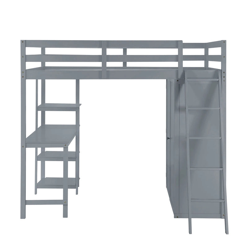 Full Size Loft Bed with Wardrobe and Desk and Shelves, Gray