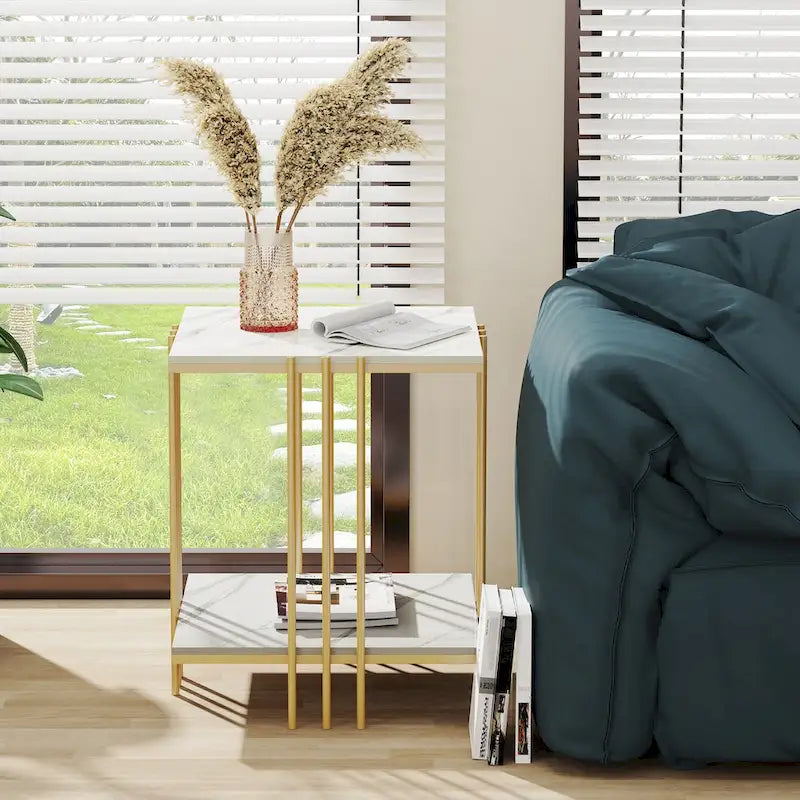 2 Tier Square Side Table Marble Gold Metal Leg Accent End Coffee Desk