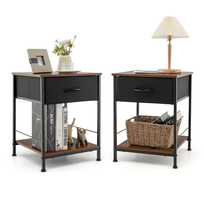 2 PCS 2-tier Nightstand Bedside End Sofa Table with Drawer - 16 x 16 x 21 (L x W x H)