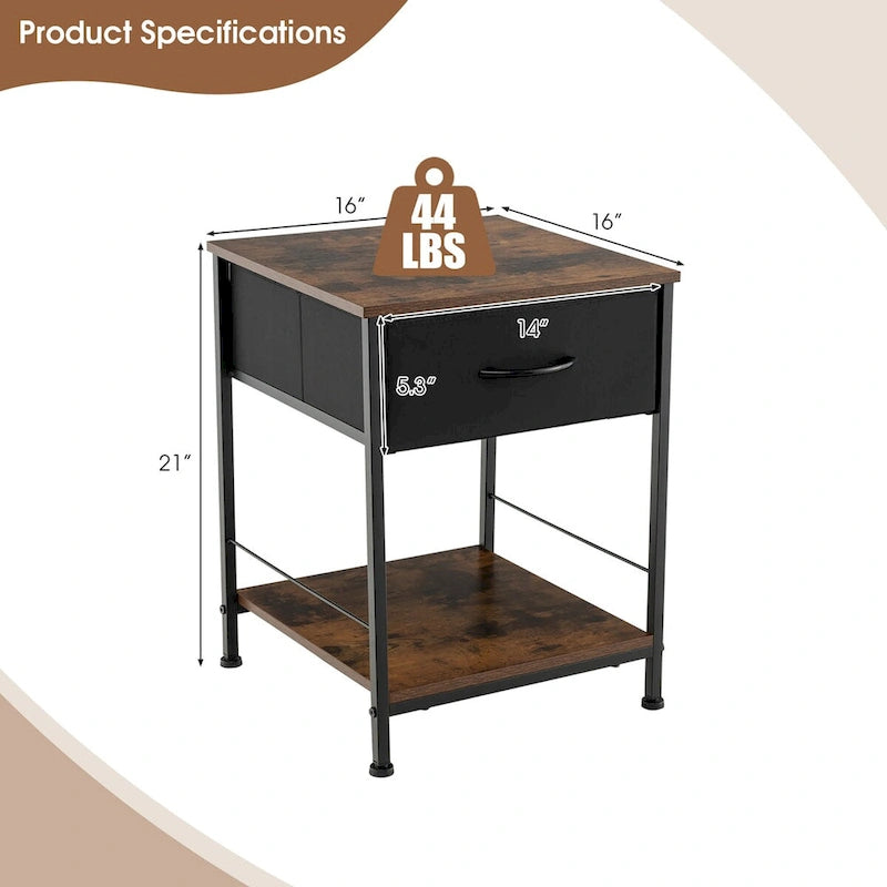 2 PCS 2-tier Nightstand Bedside End Sofa Table with Drawer - 16 x 16 x 21 (L x W x H)