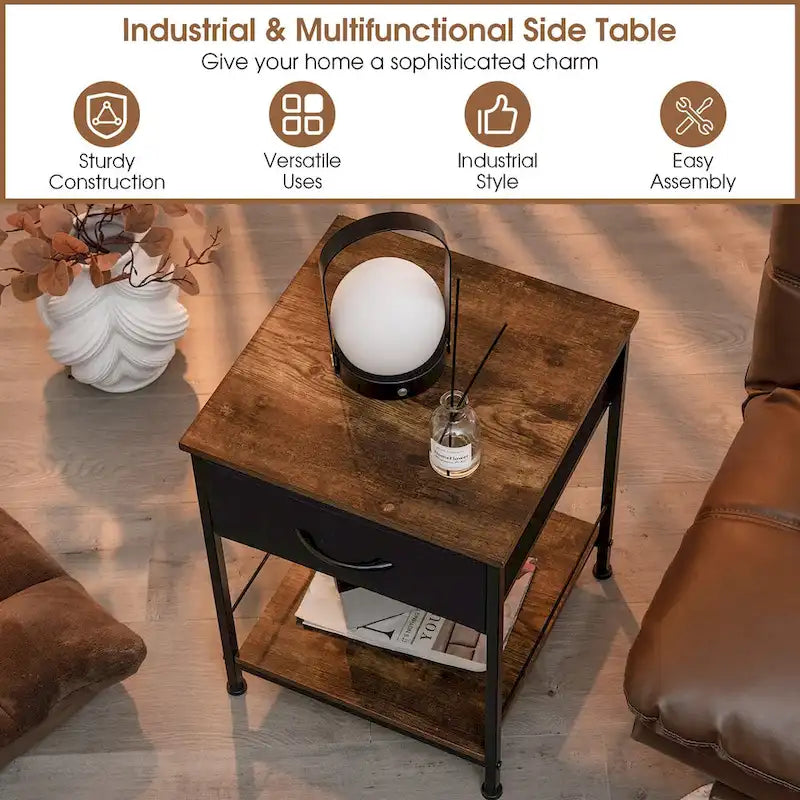 2 PCS 2-tier Nightstand Bedside End Sofa Table with Drawer - 16 x 16 x 21 (L x W x H)
